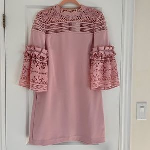 Ted Baker dusky pink mini dress with lace panel bell sleeve, size 6